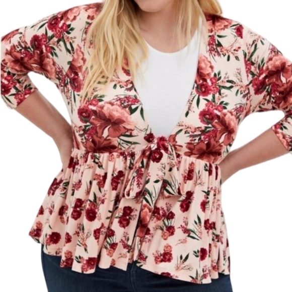 + Torrid peach floral tie front jersey knit baby doll jacket - Picture 1 of 11